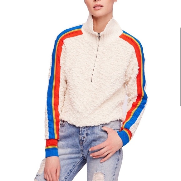 Free People Marshmallow Striped Mock Neck Pullover 1/2 Zip Rainbow Beige XS - Picture 2 of 11